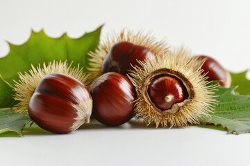 Close-up of several chestnuts nestled on green leaves, some with husks removed, displaying rich brown, textured skins