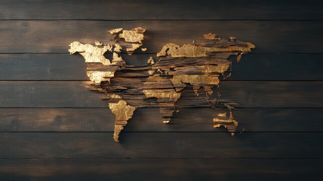 A stunning wooden world map crafted with gold accents, showcasing global geography while combining natural elements with an artistic touch that appeals to the modern aesthetic.