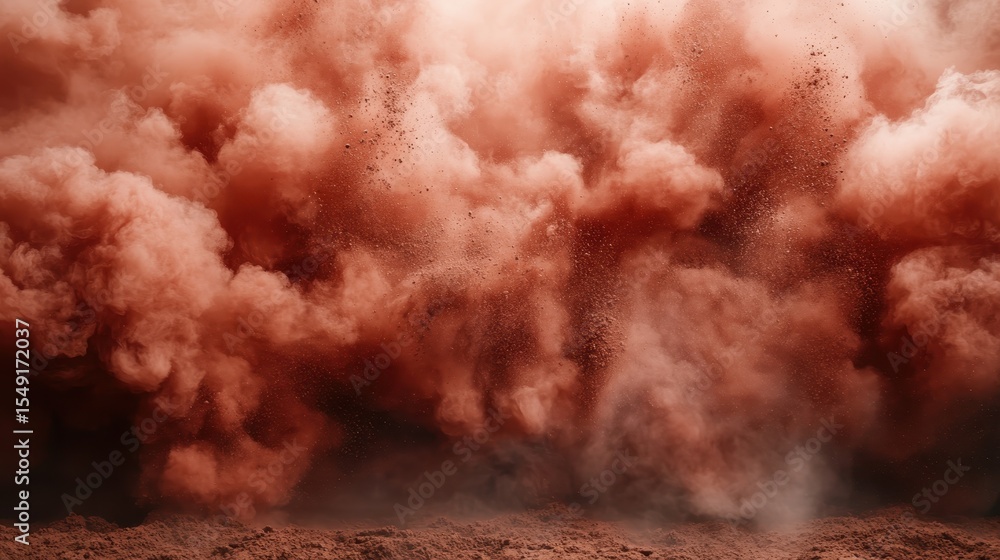 Poster a captivating abstract image of vibrant red dust clouds enveloping the foreground, forming a visuall