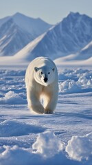 Polar Bear Walking on Snow Field with Mountain Landscape on Sunny Day