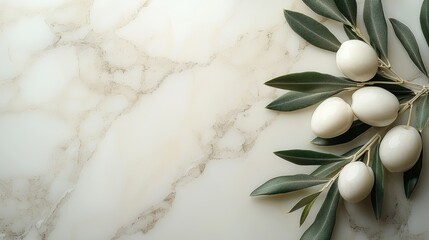 White olives and leaves arranged on a marble surface.
