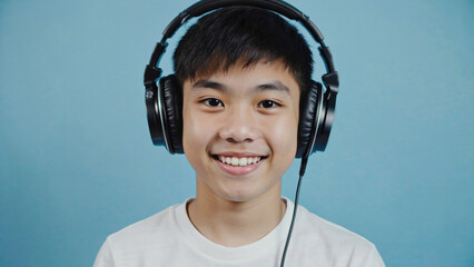 A young man wearing headphones and a white t-shirt, looking relaxed