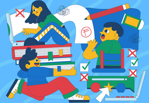 Blue Flat School Exam Full Set Illustration