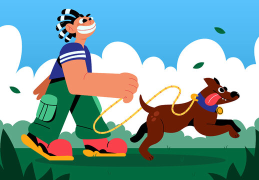 Green Flat Dog Walker Full Set Illustration