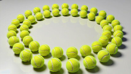 A collection of tennis balls arranged in a circular shape