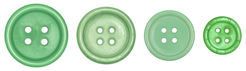 A collection of green buttons in various sizes for crafting and sewing projects.