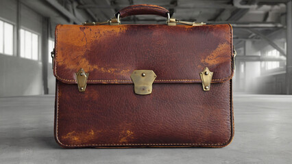 A brown briefcase sits atop a gray cement floor, ideal for business or urban-themed uses