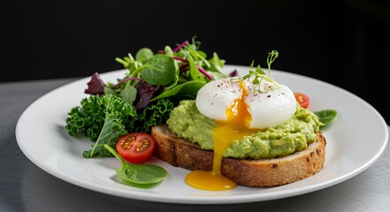 Indulge in this vibrant and healthy avocado toast topped with a perfectly poached egg, a delightful culinary masterpiece.