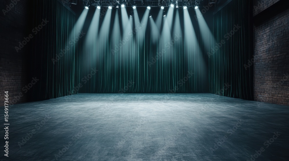 Aufkleber a dramatic view of an empty theater stage illuminated by several bright lights, suggesting anticipat