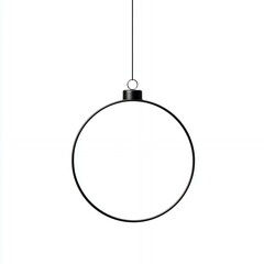 A black ornament hanging from a string. The ornament is a circle with a hole in the center