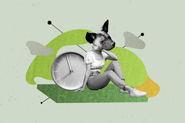 3d sketch poster trend collage image of anonym girl guy sit alarm clock deadline expire instead...