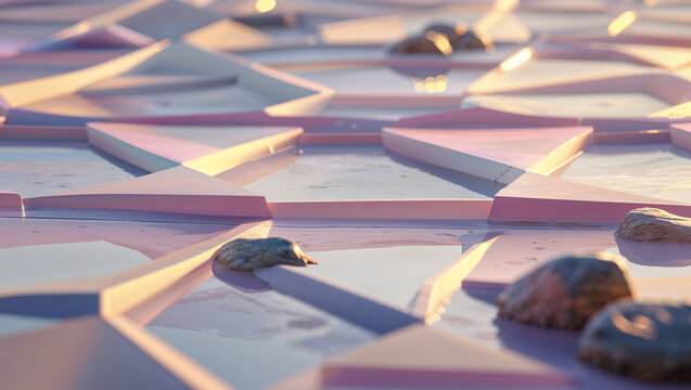 Abstract geometric pink triangles floating with small rocks and soft reflected light on a minimalist surface