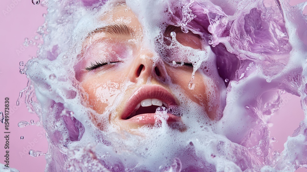 Poster a creative and expressive portrait featuring a model submerged in soap bubbles and water, creating a