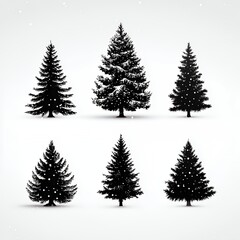 Fototapeta premium A set of six black and white trees with snow on them. The trees are all different sizes