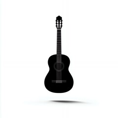 Obraz premium A black guitar is shown in a white background. The guitar is the main focus of the image