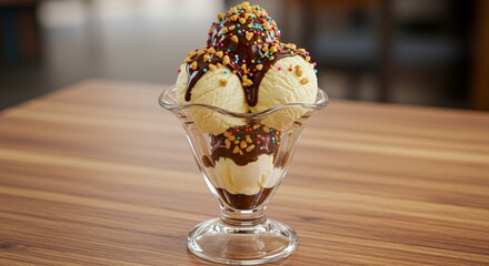 Indulge in Decadence: A Triple Scoop Ice Cream Sundae Drizzled with Rich Chocolate and Colorful Sprinkles, a Sweet Treat for Any Occasion.