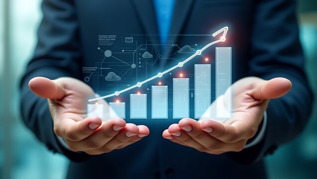 Hands framing floating concept board of business growth, futuristic overlay.