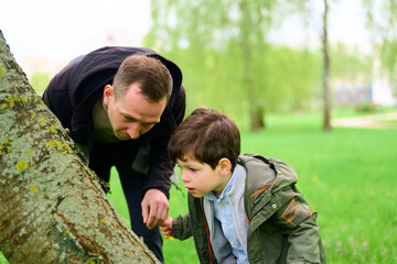 father and son exploring nature together, intently observing tree in lush green park setting....