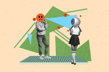 Art image creative photo collage of two anonym girl guy instead head bad emoji eyeball stare...