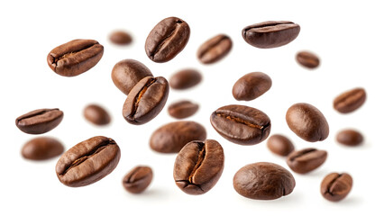 Naklejka premium Coffee beans floating in the air against a white background