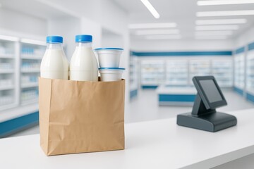 Paper bag with milk bottles and yogurt cups on a clean checkout counter in a bright, modern supermarket environment.