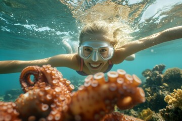 Dangerous ocean depths. Encounter with lethal octopus while snorkeling. Dangerous sea plants. Dangerous diving spots. Toxic octopus and happy joy young woman swims among the corals.