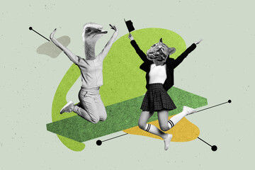 3d sketch poster trend collage image of two girl guy instead head mammal animal ostrich tiger head...