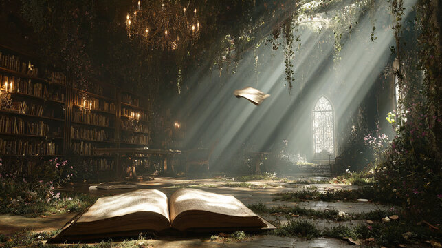 Open book lies on the mossy floor of an overgrown, ivy-filled library with sunbeams shining through arched windows in a magical, fantasy setting - Powered by Adobe