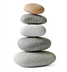 Stacked smooth stones of various shades of gray and tan, balanced perfectly atop each other against a pure white background