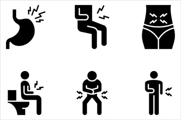 Indigestion icon set. Upset stomach. Diarrhea, bloating, nausea, abdominal pain. on white background