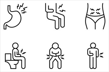 Indigestion icon set. Upset stomach. Diarrhea, bloating, nausea, abdominal pain. on white background