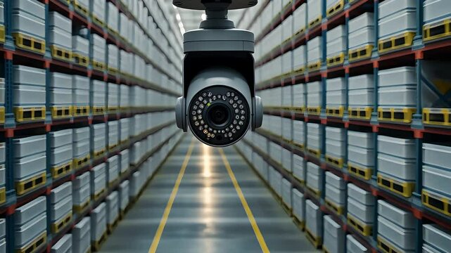 Security Camera Overlooking Long Warehouse Aisle with Shelves and Boxes
