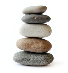Stacked stones balanced on each other,  creating a tranquil and symmetrical design.  Various shades of gray, beige, and brown.  Simple, natural elements against a plain white background