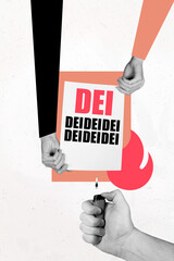 3D collage poster template trend artwork sketch of three hand hold banner dei fire burn equal...