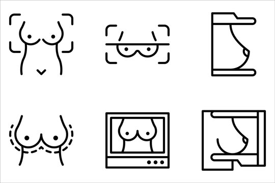 mammography icon set, breast scan, female breast in scanner on white background