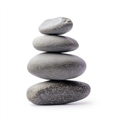 Stacked gray stones balanced perfectly on white background