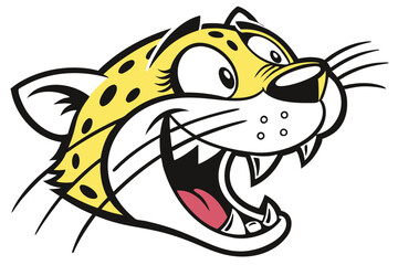 A cartoon cheetah head with yellow fur is laughing widely on a white backdrop