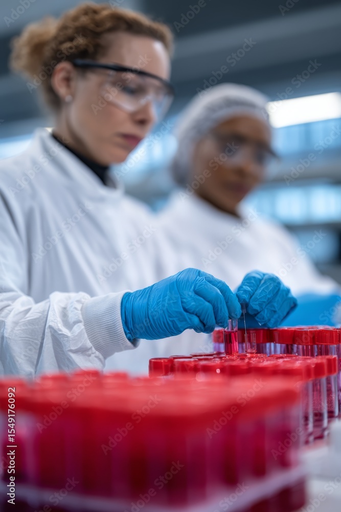 Poster laboratory technicians working with test tubes in a modern lab setting, showcasing precision and tea