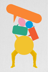 3d sketch trendy vertical art collage of bodyless human stand legs bubble communication icon speech...