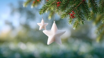 Delicate White Pearl Star Ornaments Hanging on a Christmas Tree Branch