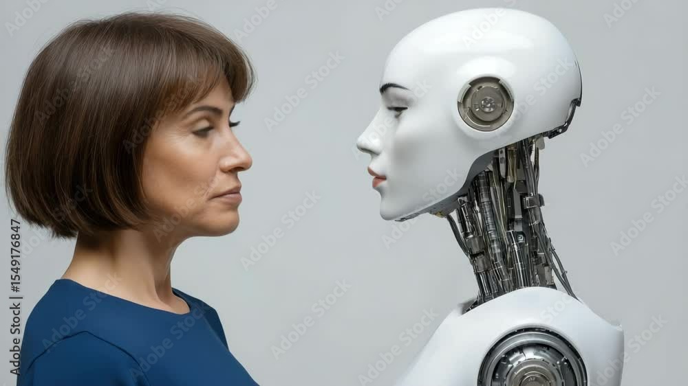Poster Woman and a robot look at each other. Interaction between humans and artificial intelligence. Dialogue of the future: a human face meets a synthetic one. Questions about humanoids and technology.