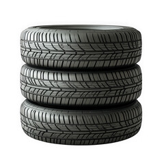 Three black tires are stacked isolated on transparent background