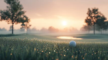 Golf Ball on Dewy Grass at Sunrise
