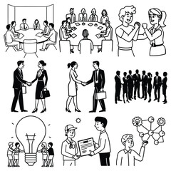 Fototapeta premium Black and White Illustrations of Business Meetings Handshakes Teamwork and Ideas