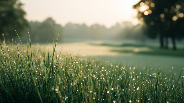 Close-Up of Wet Morning Grass on Golf Course - Powered by Adobe