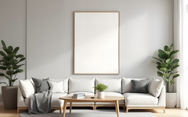 Frame mockup, ISO A paper size. Living room wall poster mockup. Interior mockup with house background. Modern interior design. 3D render. High quality