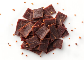 Fototapeta premium Flaying beef jerky featuring piles of dried meat isolated on a transparent white background for culinary exploration and snack ideas