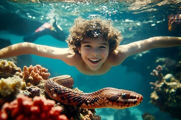 Encounter with while snorkeling. Venomous sea snake and happy joy youth boy swims among the corals. Man in oceanic peril. Dangerous reef exploration. Dangerous marine ecosystem.