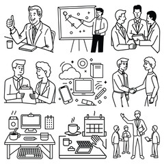Black and White Line Art Illustrations of Businesspeople Working Collaborating and Meeting