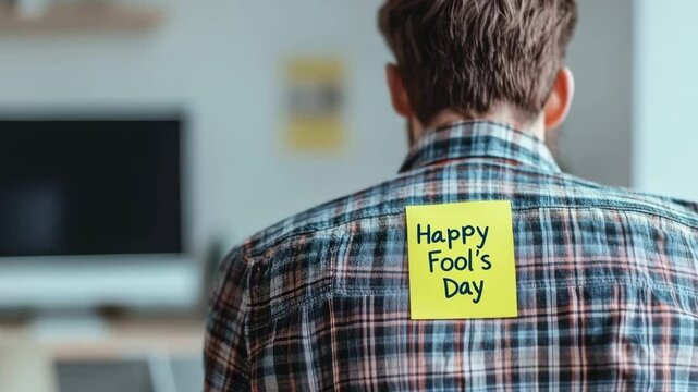 A man with a "Happy Fool's Day" sticker on his back, symbolizing a prank or April Fool's joke. A prank at work or in everyday life: a note with a Happy Fool's Day greeting is attached to a man's back.